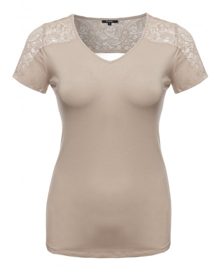 Women's Plus Size Back Lace V-Neck Tee Shirt