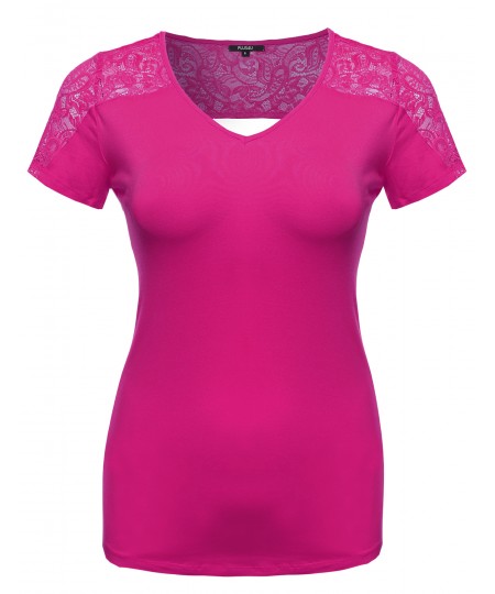 Women's Plus Size Back Lace V-Neck Tee Shirt