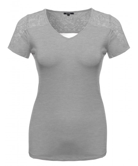 Women's Plus Size Back Lace V-Neck Tee Shirt