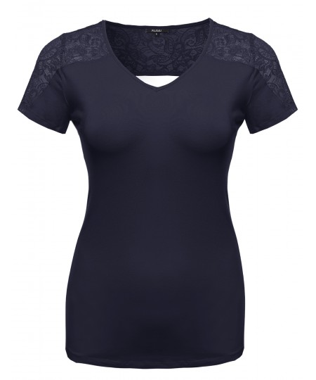 Women's Plus Size Back Lace V-Neck Tee Shirt