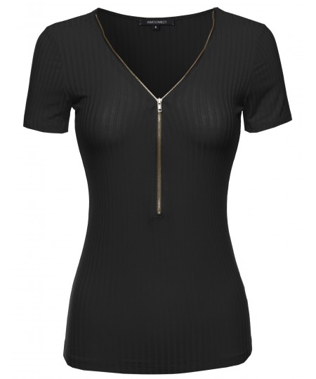 Women's Cap Sleeve Ribbed Tee With Center Zipper