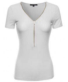 Women's Cap Sleeve Ribbed Tee With Center Zipper