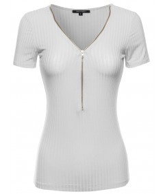 Women's Cap Sleeve Ribbed Tee With Center Zipper