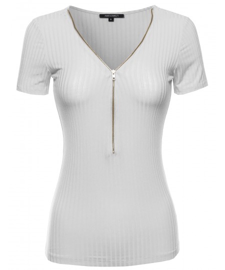 Women's Cap Sleeve Ribbed Tee With Center Zipper