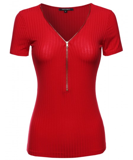 Women's Cap Sleeve Ribbed Tee With Center Zipper