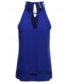 Women's Solid Woven Strappy Top With Front Peep Hole