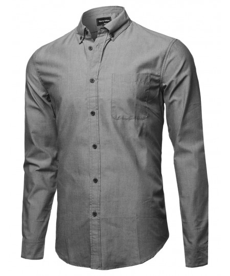 Men's Basic Button-Collar Chambray Long Sleeve Shirt