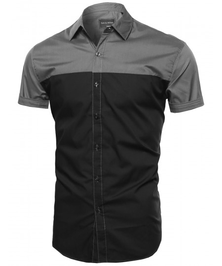 Men's Color Block Button Down Short Sleeve Shirt