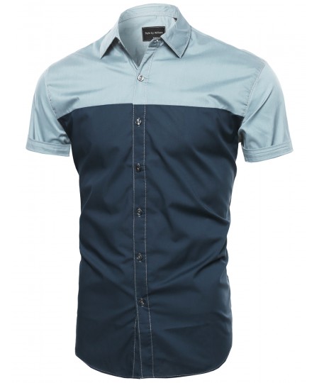 Men's Color Block Button Down Short Sleeve Shirt