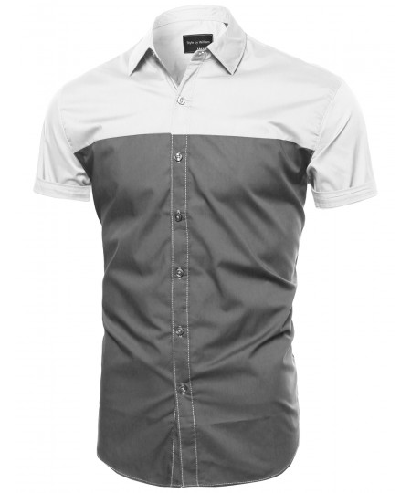 Men's Color Block Button Down Short Sleeve Shirt