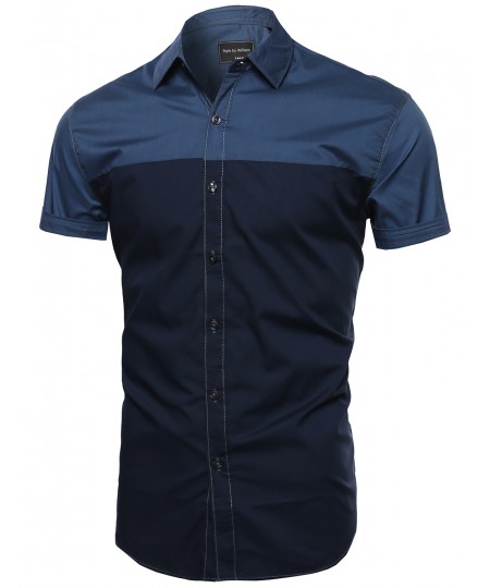 Men's Color Block Button Down Short Sleeve Shirt