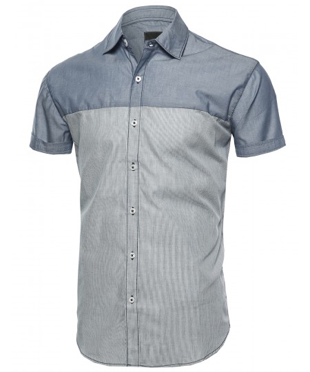 Men's Color Block Solid Thin Stripe Button Down Short Sleeve Shirt