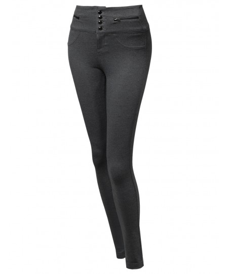 Women's High Waist 4 Button Ponte Long Pants