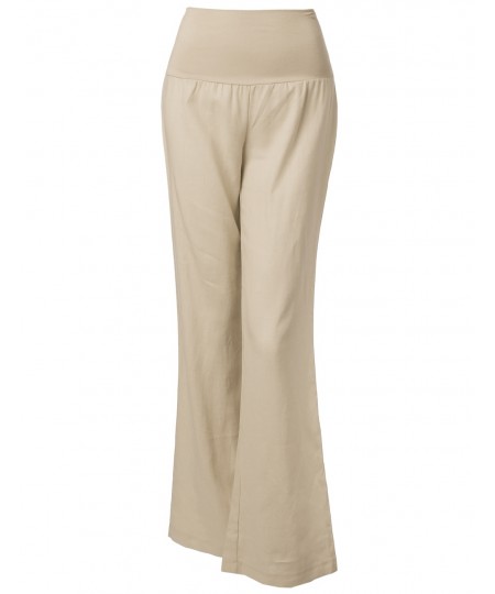 Women's Wide Leg Linen Pants Fold Over Waistband