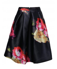 Women's High Waisted A Line Floral Full Vintage Skater Midi Skirt Pleats