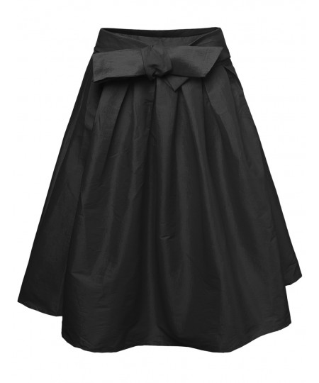 Women's High Waisted A Line Vintage Skater Midi Skirt Pleats Bow Tie 