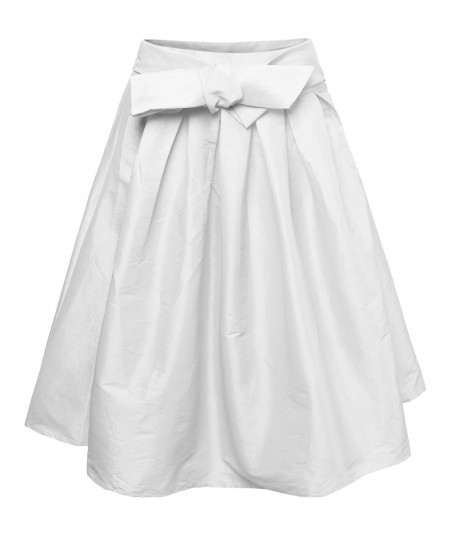 Women's High Waisted A Line Vintage Skater Midi Skirt Pleats Bow Tie 