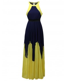 Women's Color Block Pleated Maxi Dress 