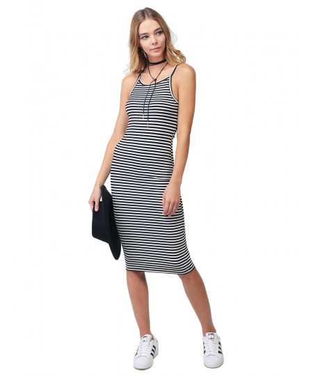 Women's Stripe Crew Neck Spaghetti Strap Body-Con Midi Dress