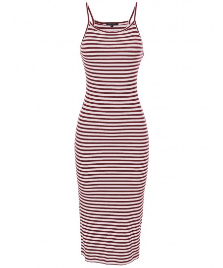 Women's Stripe Crew Neck Spaghetti Strap Body-Con Midi Dress