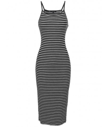 Women's Stripe Crew Neck Spaghetti Strap Body-Con Midi Dress