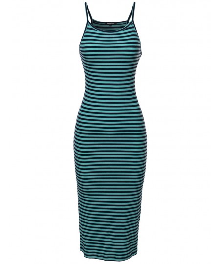 Women's Stripe Crew Neck Spaghetti Strap Body-Con Midi Dress