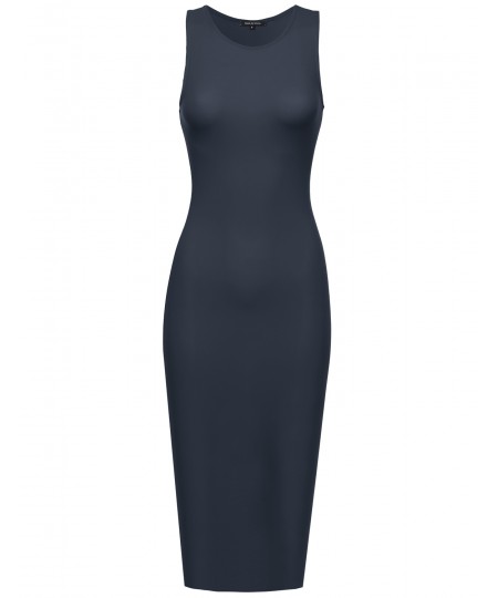Women's Solid Sleeveless Crew Neck Body-Con Midi Dress 