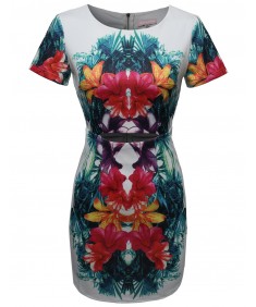 Women's Short Sleeve Waist Cut Out Floral Tropical Cocktail Dress