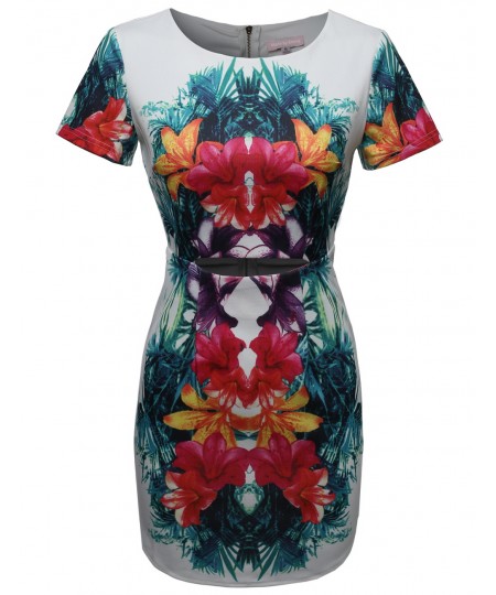 Women's Short Sleeve Waist Cut Out Floral Tropical Cocktail Dress