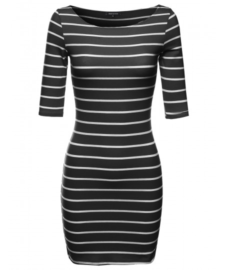 Women's Basic Every Day Boat Neck Stripe 3/4 Sleeve Dress