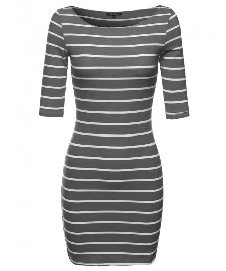 Women's Basic Every Day Boat Neck Stripe 3/4 Sleeve Dress