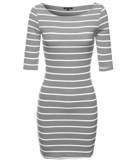 Women's Basic Every Day Boat Neck Stripe 3/4 Sleeve Dress