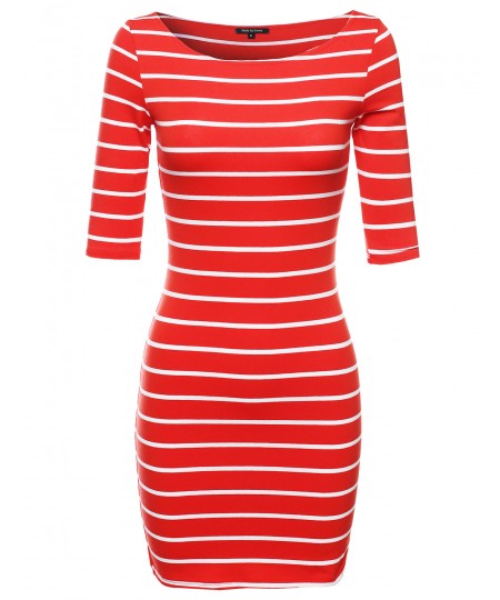 Women's Basic Every Day Boat Neck Stripe 3/4 Sleeve Dress