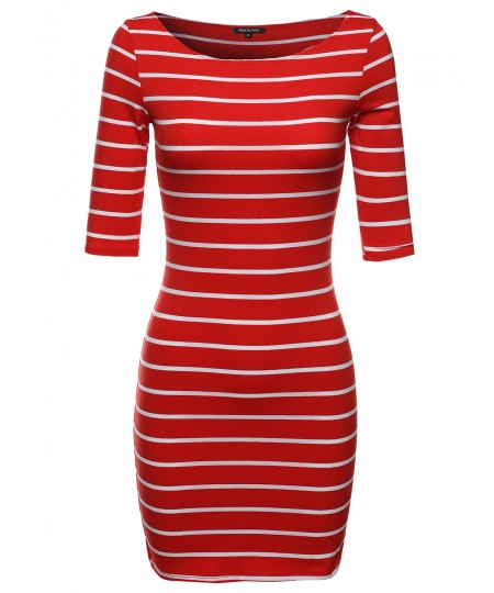 Women's Basic Every Day Boat Neck Stripe 3/4 Sleeve Dress
