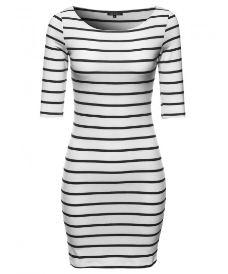 Women's Basic Every Day Boat Neck Stripe 3/4 Sleeve Dress