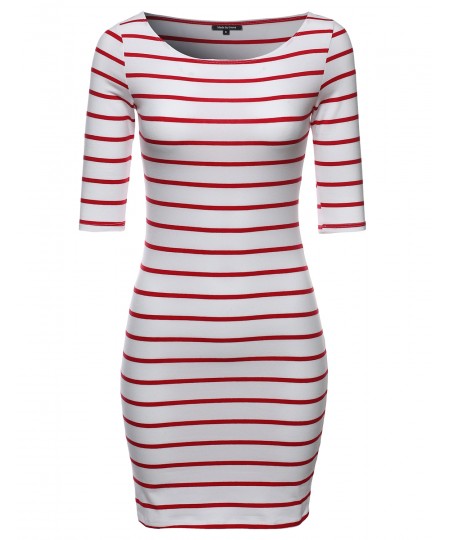 Women's Basic Every Day Boat Neck Stripe 3/4 Sleeve Dress