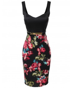 Women's Sleeveless Floral Midi Dress with Removable belt