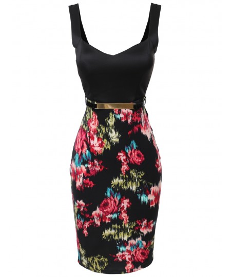 Women's Sleeveless Floral Midi Dress with Removable belt