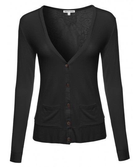 Women's Classic Basic Lightweight Cardigan with Sheer Lace Back