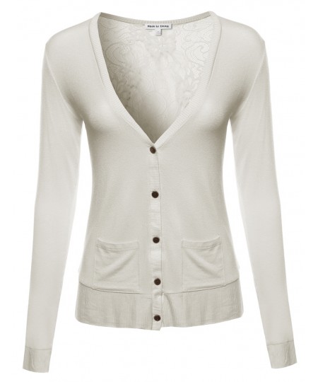 Women's Classic Basic Lightweight Cardigan with Sheer Lace Back