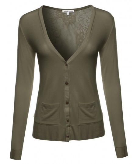 Women's Classic Basic Lightweight Cardigan with Sheer Lace Back