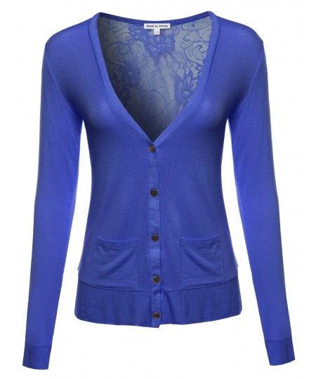 Women's Classic Basic Lightweight Cardigan with Sheer Lace Back