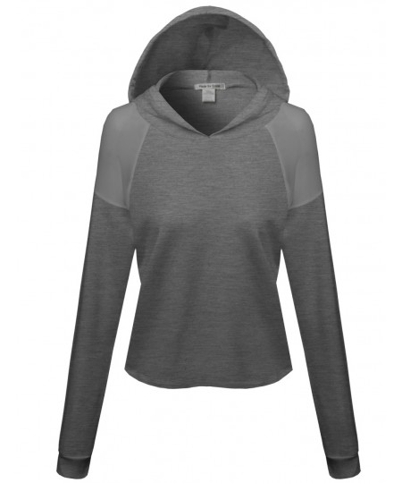 Women's Mesh Shoulder Contrast Long Sleeve Crop Hoodie