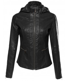 Women's Bike Rider Moto Leather Jacket with Detachable Hood