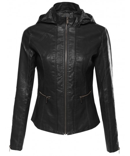 Women's Bike Rider Moto Leather Jacket with Detachable Hood