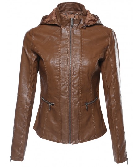 Women's Bike Rider Moto Leather Jacket with Detachable Hood