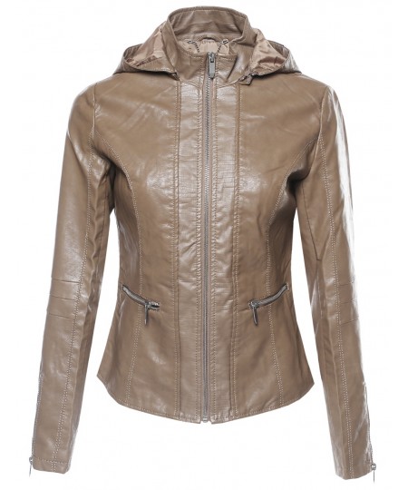 Women's Bike Rider Moto Leather Jacket with Detachable Hood