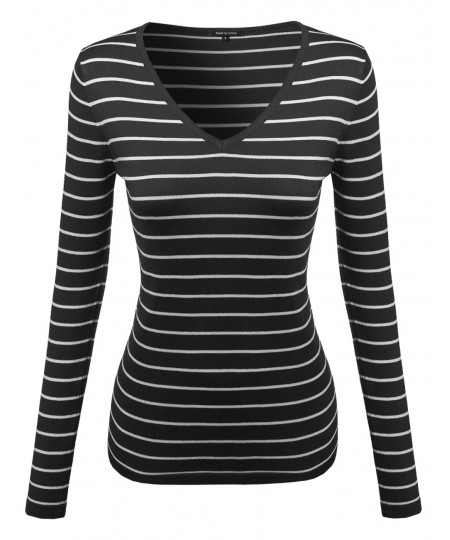 Women's Basic V-Neck Stripe Sweater Various Color Tops