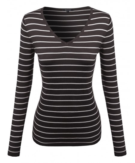 Women's Basic V-Neck Stripe Sweater Various Color Tops