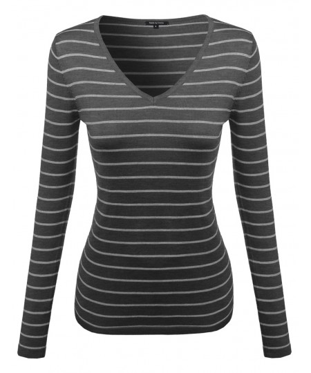 Women's Basic V-Neck Stripe Sweater Various Color Tops